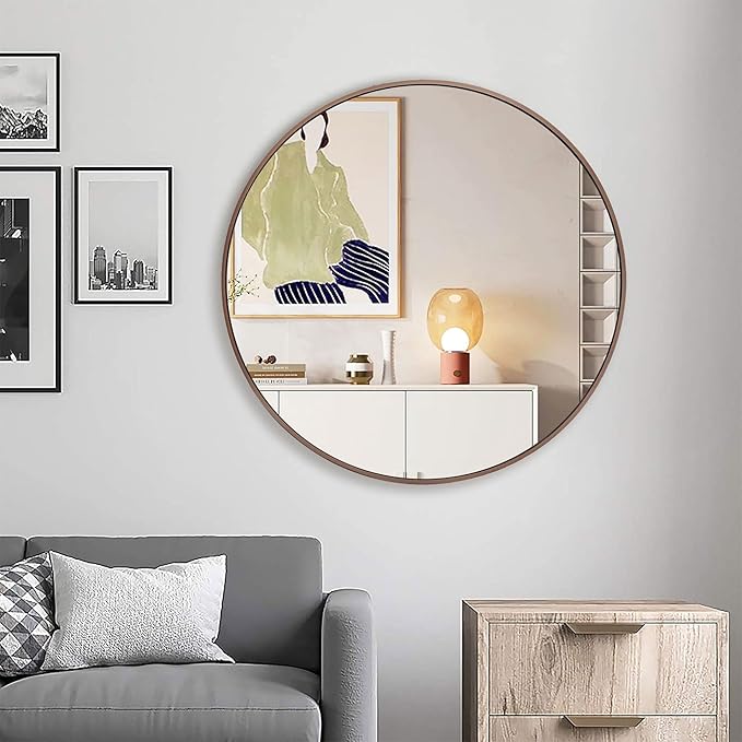 36 inch Circle Wall Mirror, Brushed Bronze Metal Framed Round Mirror - Image 3