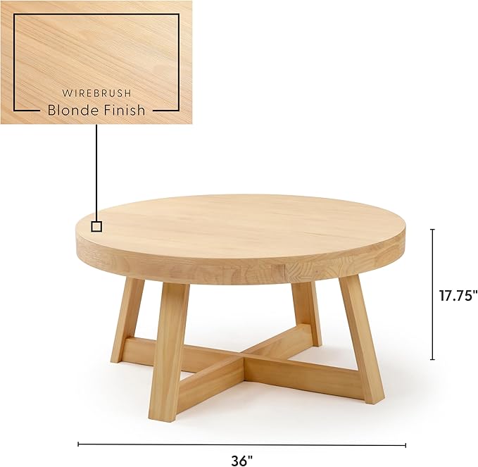 Plank+Beam Classic Round Coffee Table, 36 Inch Farmhouse Coffee Table, Rustic - Image 2