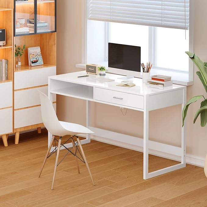 4NM 43.3" Computer Desk with Drawer, Morden White Home Office Desk, Study - Image 5