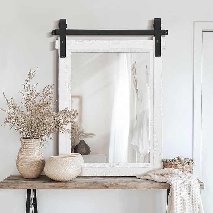 Farmhouse Barn Door Mirror: 22"x30" White Rustic Wood Frame Mirror - Image 2