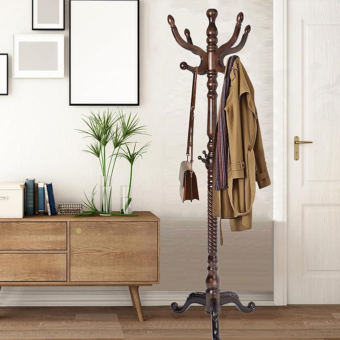 Coat Racks Free Standing with 14 Hooks, Natural Wood Coat Stands by Sauqzoh