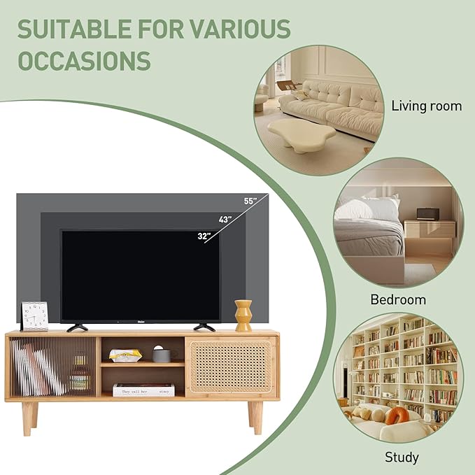 Welnow Rattan TV Stand for Up to 55 Inch, Mid Century Modern Bamboo - Image 5