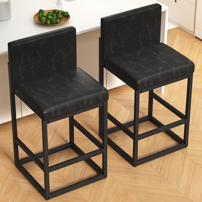 Barstools Set of 2 Black Metal Bar Stools Modern Bar Chairs Pu Leather - Image 9