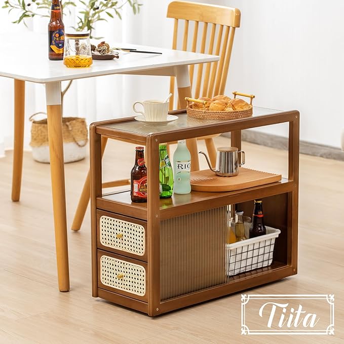 Tiita Rattan Nightstand Side Table, Bamboo Accent Bedside Tables, Glass Coffee - Image 4
