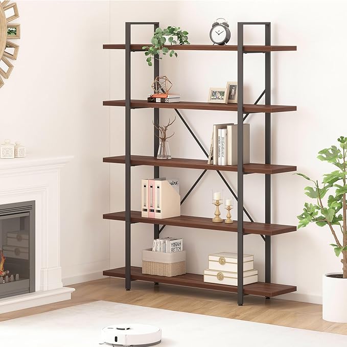 HSH Walnut 5 Tier Bookshelf, Tall Bookcases and Book Shelves 5 Shelf, Large - Image 9