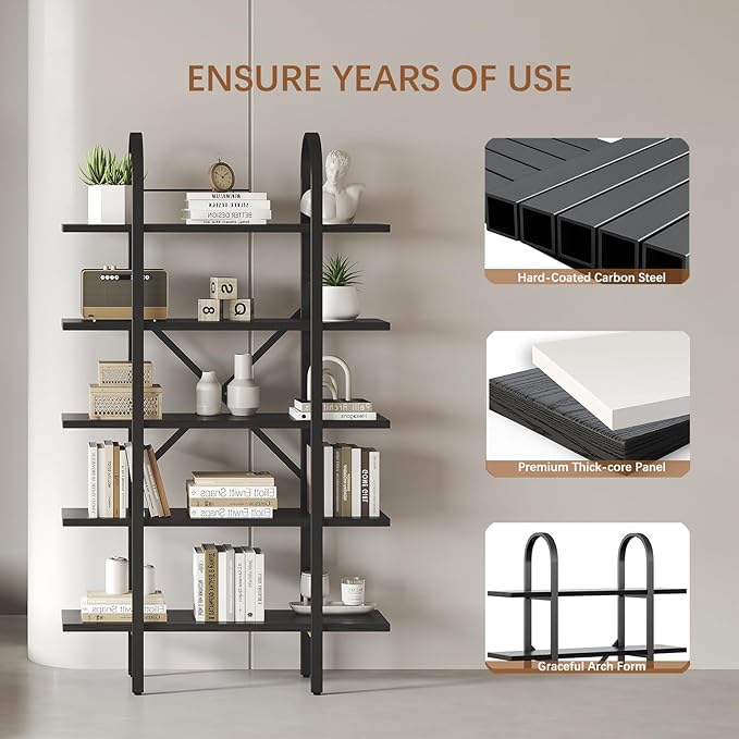 Wide Bookshelf Arched Bookcase, Industrial 5 Tier Open Book Shelves - Image 4