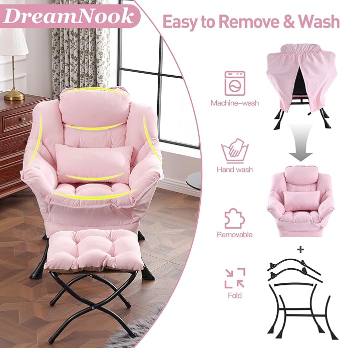 Lazy Chair with Ottoman, Modern Accent Chair with Lumbar Pillow, Comfy Chairs - Image 5