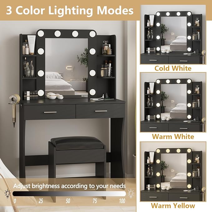 Vabches Vanity Desk with Lights, Makeup Vanity with Power Strip, Dressing Table - Image 3