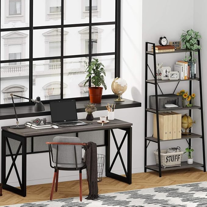 BON AUGURE 5-Tier Ladder Shelf, Industrial Leaning Bookcase, Wood and Metal - Image 8