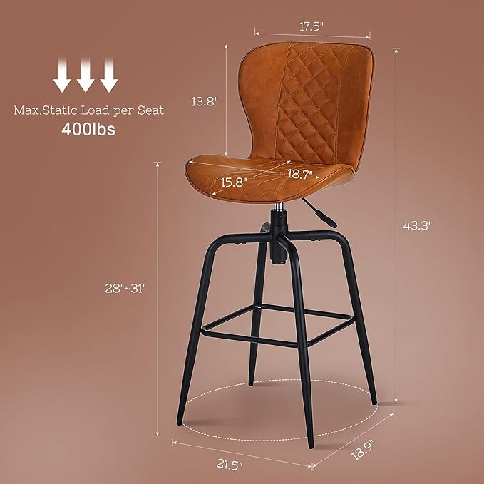 VECELO Quilted Bar Stools Set of 2, Adjustable Bar Height Swivel Bar Stools - Image 2