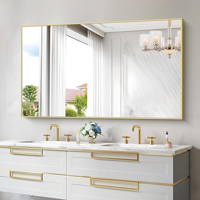 30x55In Gold Bathroom Mirror for Wall, Brushed Gold Rectangle Mirrors - Image 2