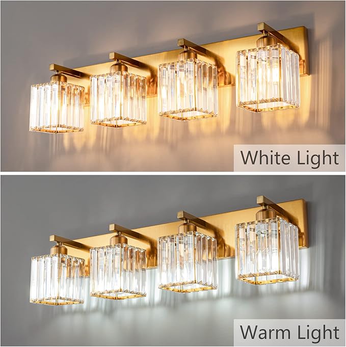 Modern Vanity Light 4-Lights Modern Gold Brushed Brass Finish Crystal Wall - Image 2