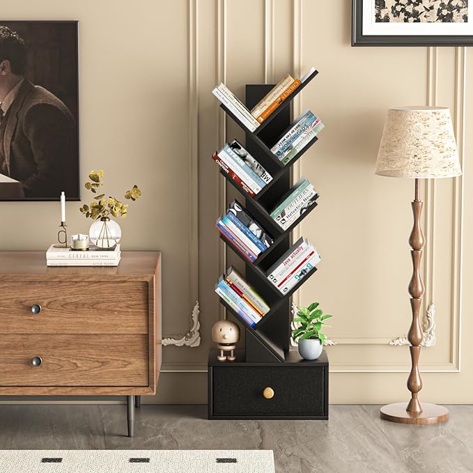 8 Tier Tree Bookshelf with Drawer, Free Standing Wood Bookcase - Image 6