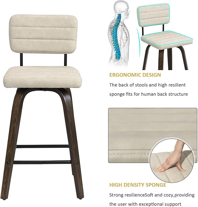 Swivel Bar Stools Set of 2, Counter Height, Wooden Frame, PU Leather Cushions - Image 3