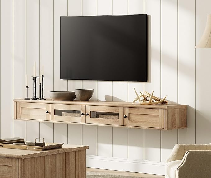 WAMPAT Floating TV Stand for TVs up to 80 Inch, Wooden Floating TV Shelf by WAMPAT