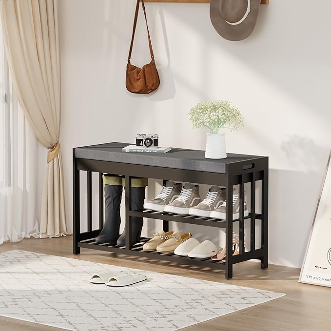 Shoe Rack Bench with Cushion, 2 Tiers Shoe Bench with Flip-Top Storage - Image 5