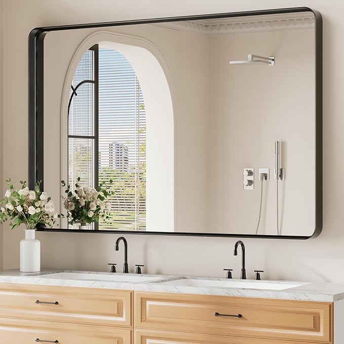 Koonmi Black Wall Mirror for Bathroom, 36x55 Inch Matte Deep Framed Rounded by KOONMI