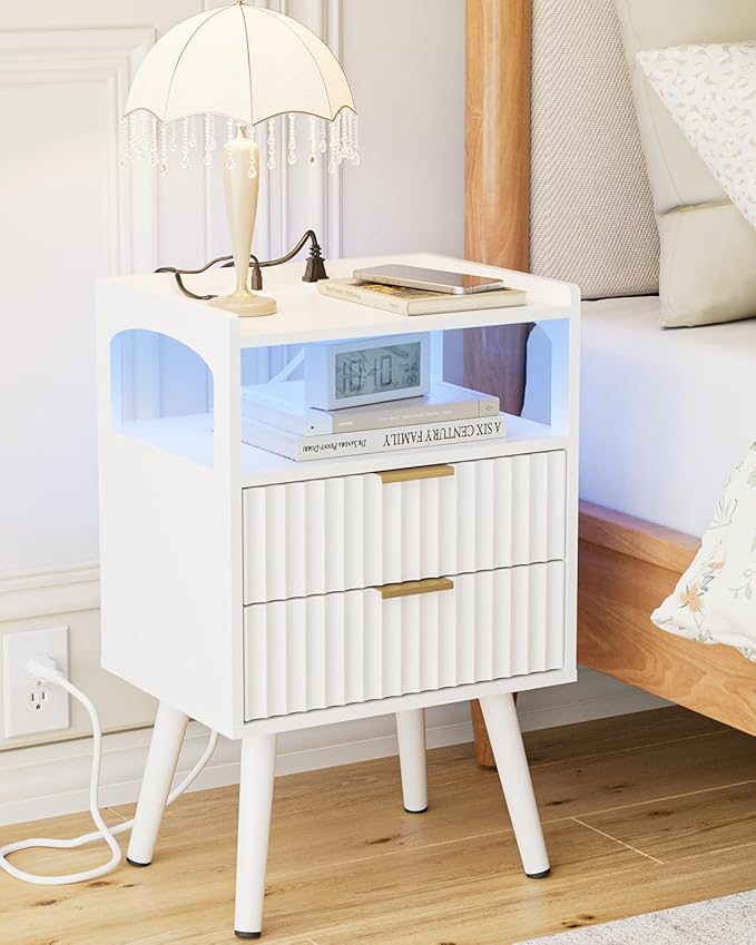 Nightstand with Charging Station and LED Lights, Modern Bedside Table with by AEPOALUA