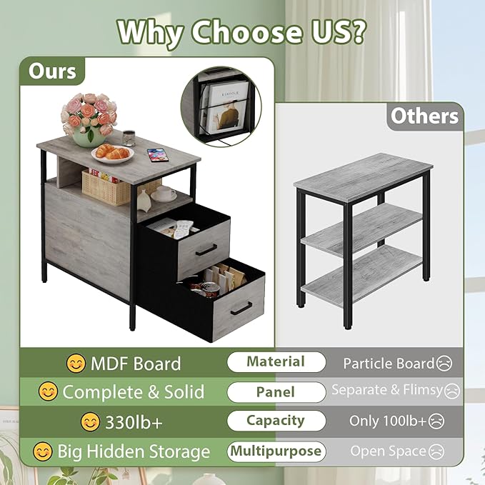 End Table with Charging Station, Narrow Side Table with 2 Fabric Drawer & - Image 4