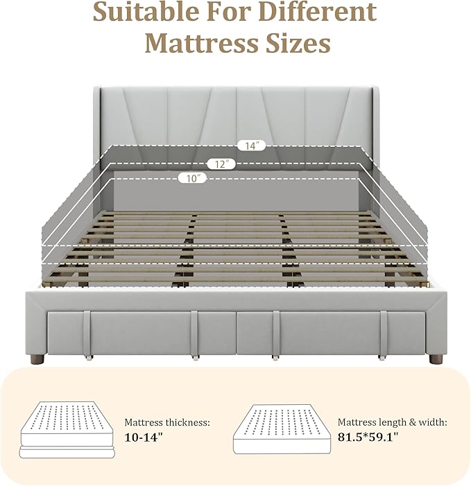 King Bed Frame with Storage Drawers, Upholstered Platform Bed with Headboard - Image 6