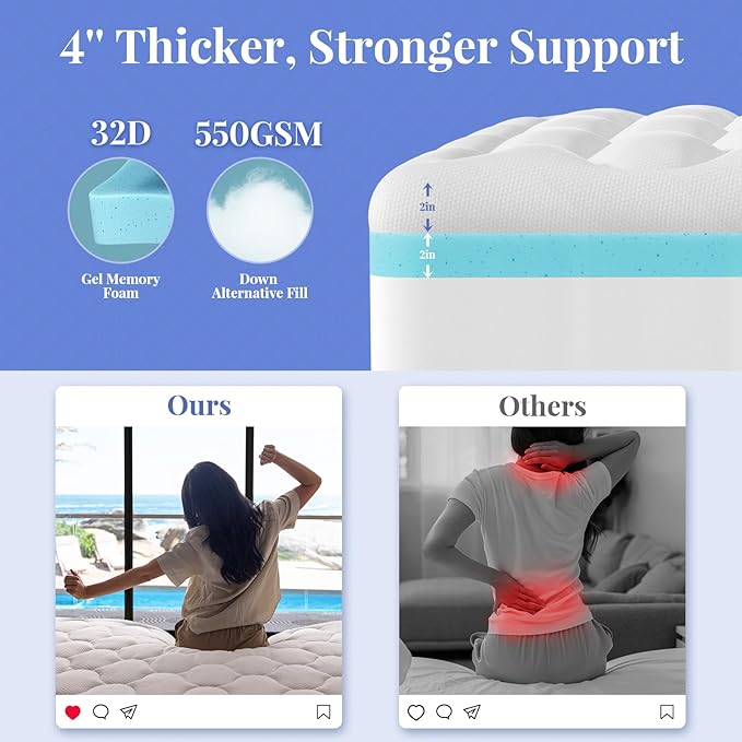 OhGeni Cooling 4 inch Dual Layer Queen Mattress Topper, 2 inch Cooling Gel - Image 3