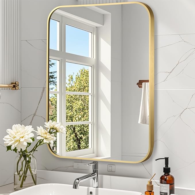 Brushed Gold Mirror, Metal Frame Rectangle Corner Vanity Mirror, Wall Mounted - Image 8