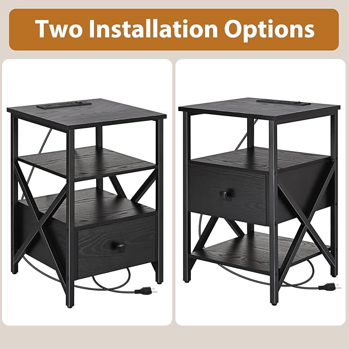Side Tables with Charging Station, Nightstands with Wood Drawer, Night Stand - Image 5