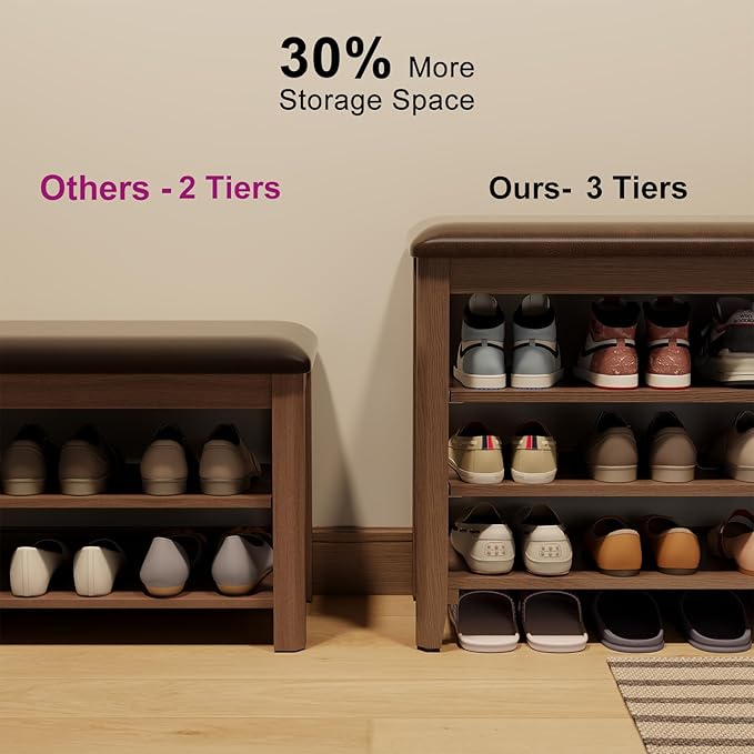 Shoe Bench with Leather Cushion, 3 Tiers Shoe Storage Bench Height Adjustable - Image 6