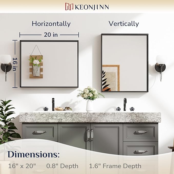 Keonjinn Black Bathroom Mirror 16 x 20 Inch Metal Framed Matte Black Mirror - Image 7