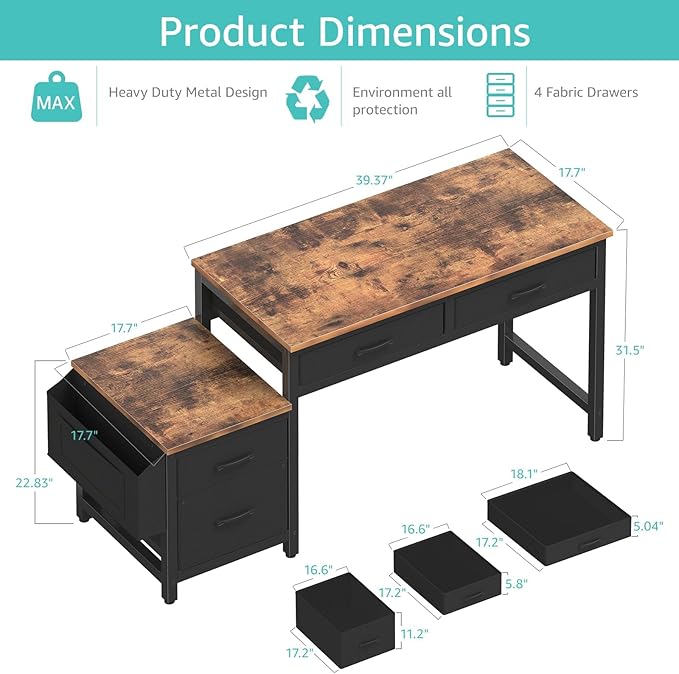 Lufeiya Computer Desk with Fabric File Drawers Cabinet, 57 Inch Home Office - Image 3