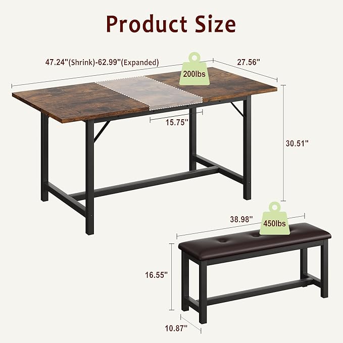 Dining Table Set for 4-6, 63“ Large Extendable Kitchen Table Set, Wood - Image 2