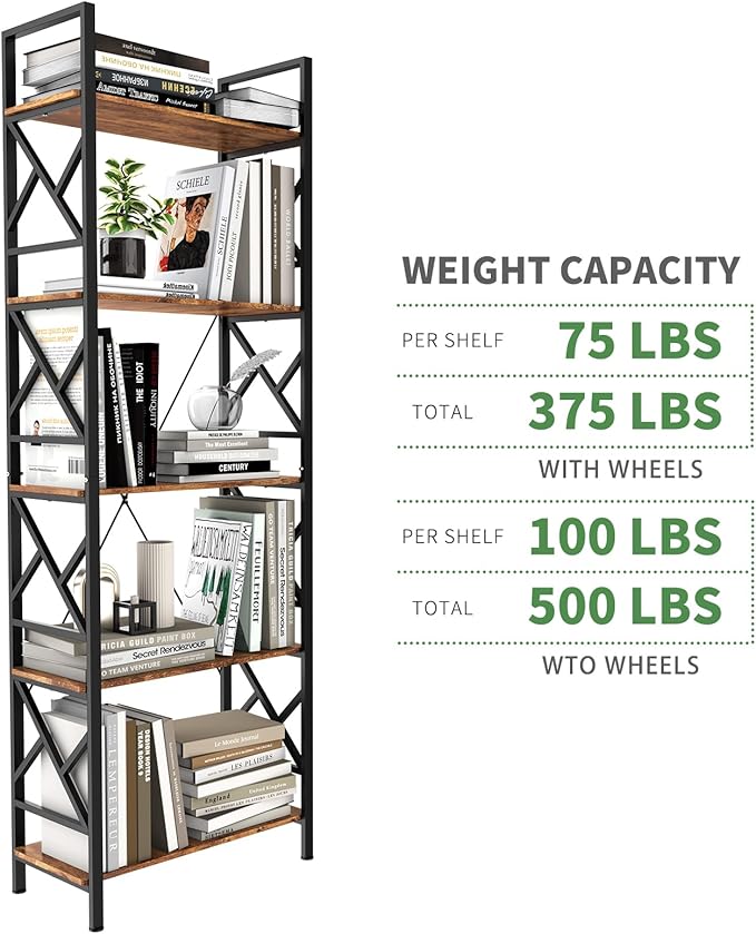 72"H 5-Tier Bookshelf: MDF Wood & Steel Shelves - Image 4