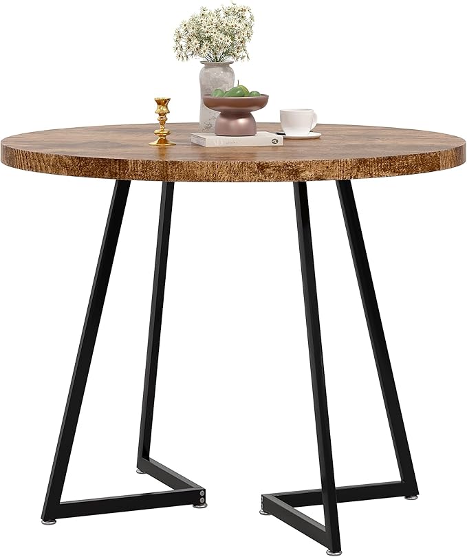 VECELO 35" Round Dining Table for 4, Wood-Grain Tabletop & Heavy-Duty Steel - Image 8