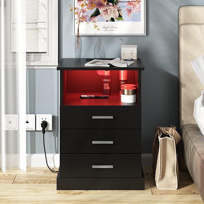 Black LED Nightstand with Charging Station, Side Table with 3 Drawers and Light - Image 3