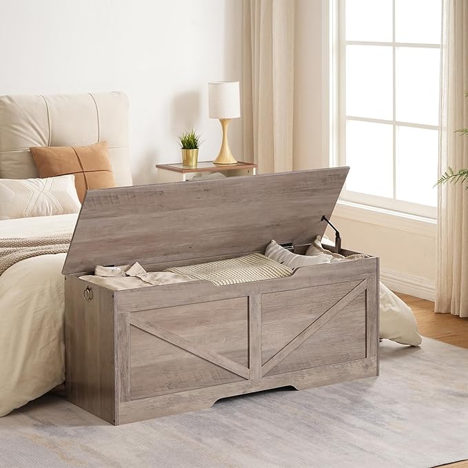 HOOBRO 47.2” Storage Chest, Retro Wooden Storage Bench - Image 2