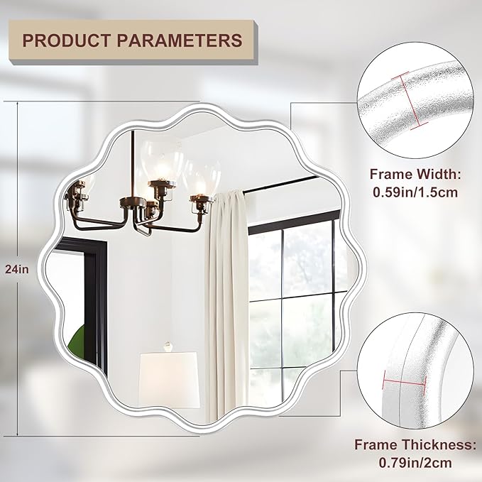 PROHOMEWARE White Round Mirror 24 Inch Wavy Bathroom Vanity Mirror White Frame - Image 3