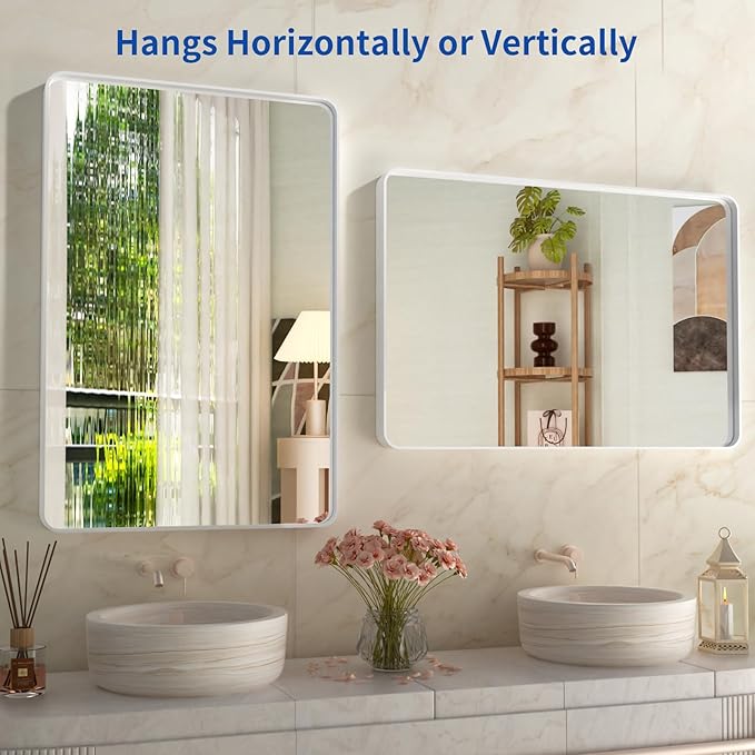 WEER White Bathroom Mirror 28X36 Inch, Rounded Rectangle White Metal Frame - Image 5