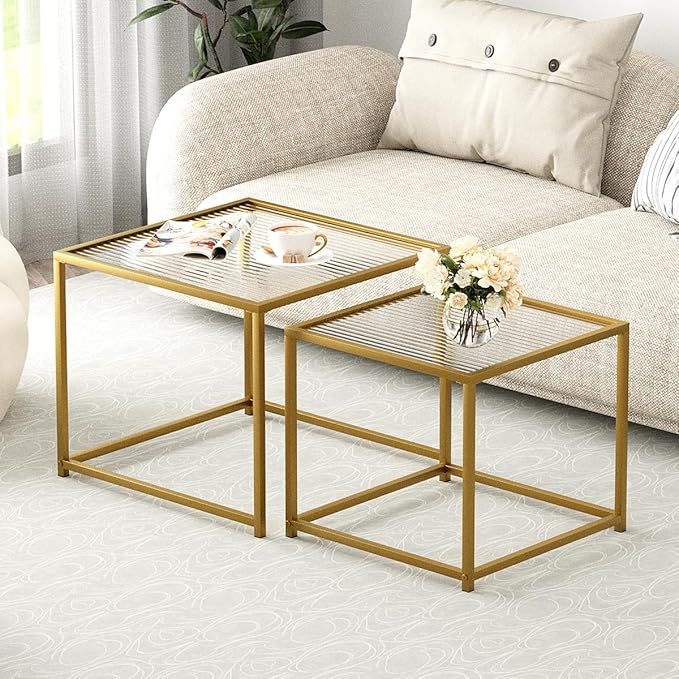 VILAWLENCE Coffee Table Set of 2, Modern Gold Glass Side Table, Metal Frame - Image 3