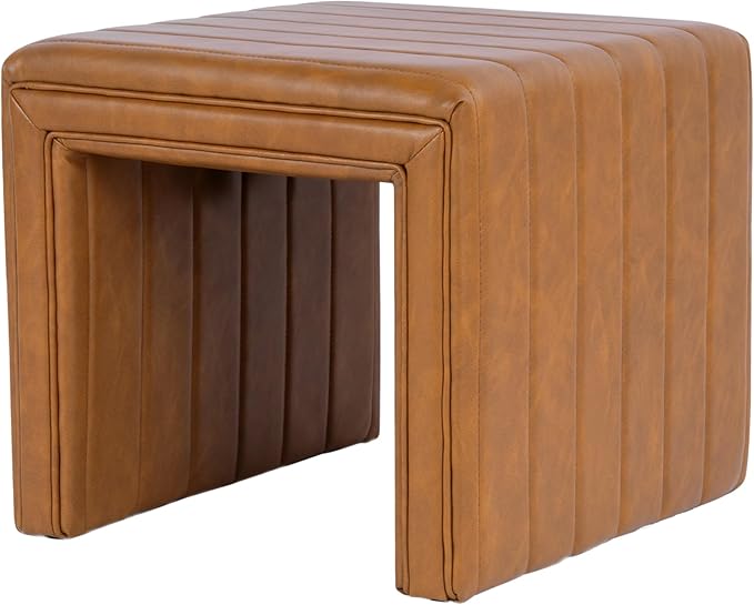 HomePop Modern Channel Tufted Faux Leather Ottoman Home Décor|Ottoman - Image 6