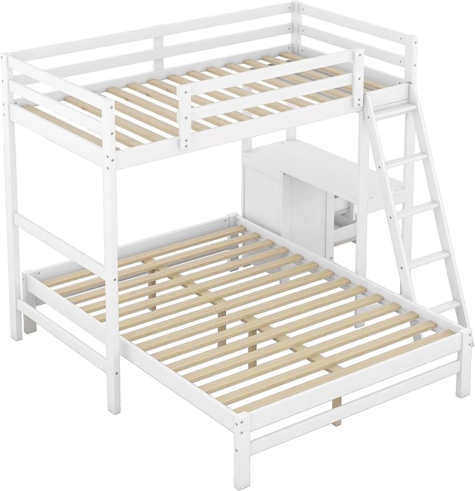 Twin Over Full Bunk Bed with Built-in Desk and Three Drawers, Pine Wood - Image 7