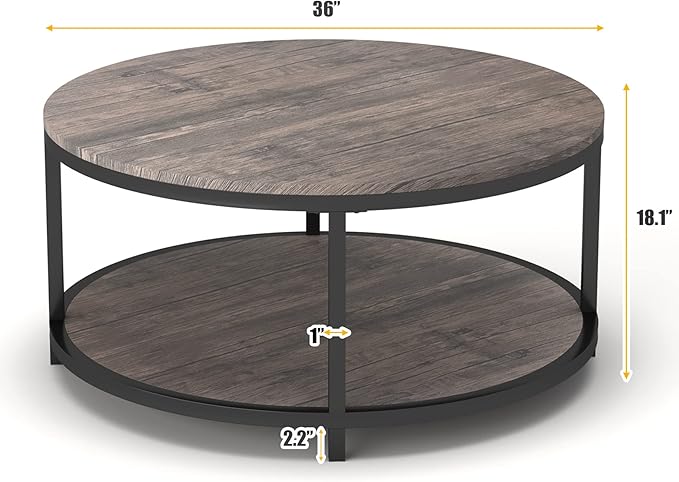 NSdirect Round Coffee Table, 2-Tier Rustic Wood Desktop - Image 2