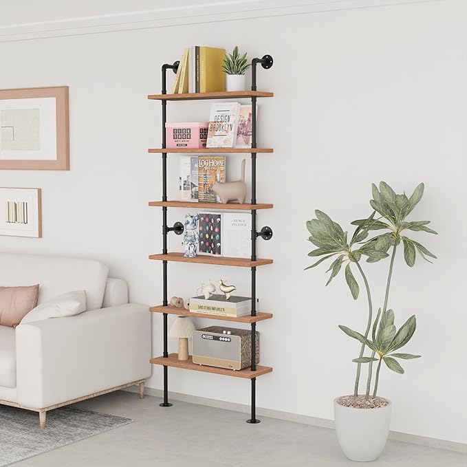 Pipe Industrial Shelves, Wall Mounted Wood Metal Ladder Rustic Bookshelf - Image 11