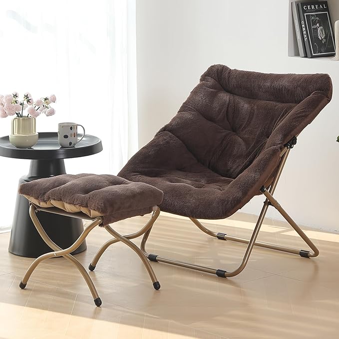 Saucer Chair with Ottoman, Oversized Folding Faux Fur Chair, Foldable Metal - Image 7