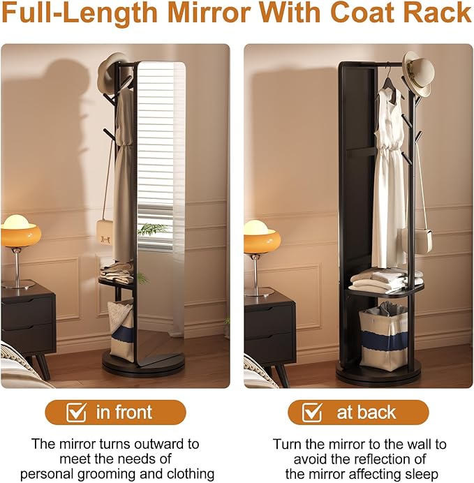 70"x16"Full Length Mirror with Stand, Coat Rack with Mirror, Solid Wood Floor - Image 8