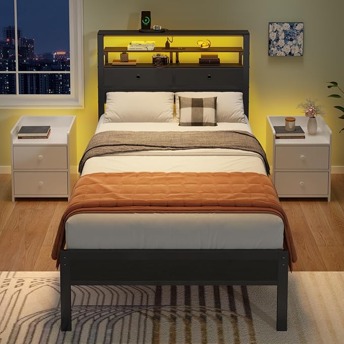 Furnulem Twin Bed Frames with Charging Station and LED Lights, Wood Headboard - Image 9