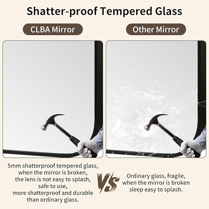 Black Bathroom Mirror, 30x36 Inch Aluminum Frame Rectangle Mirror, Tempered - Image 4