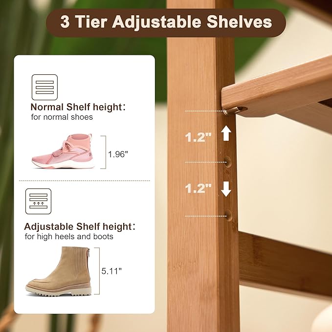47.2 in Shoe Rack Bench with Cushion, 3 Tier Bamboo Entryway Bench with Storage - Image 6
