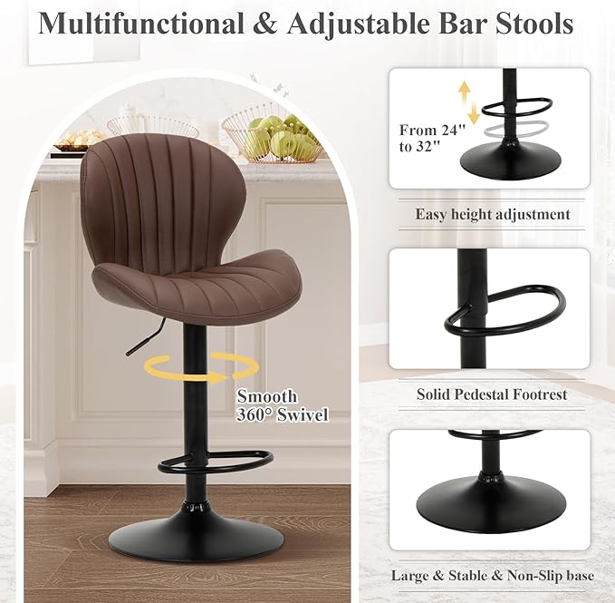 COLAMY Bar Stools Set of 2, Modern Swivel Bar Chairs, Adjustable Faux Leather - Image 4