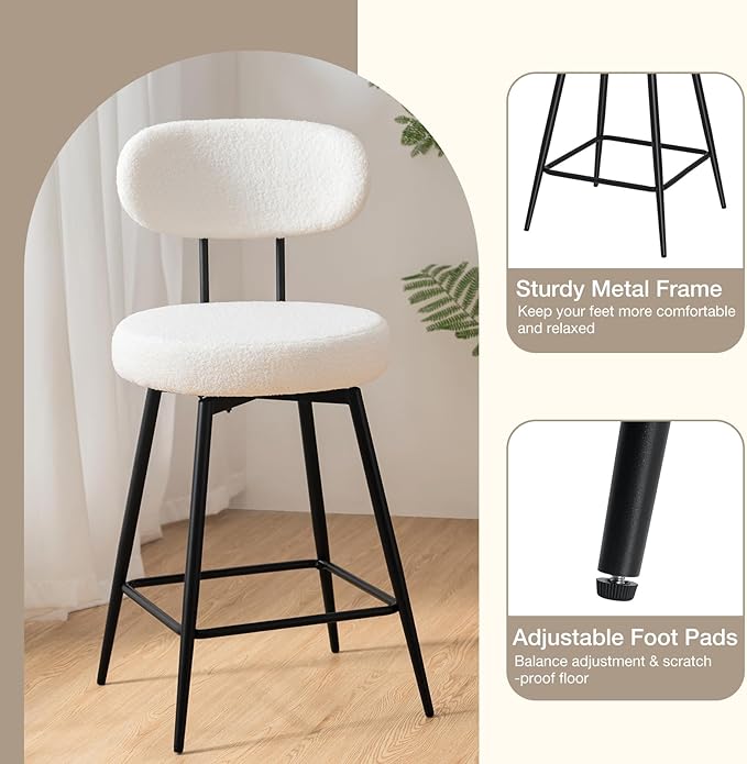 HOMMPA Counter Height Swivel Bar Stools Set of 2 Boucle Barstools 26'' - Image 7