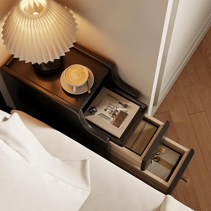Small Nightstand with Drawers, Solid Wood Bedside Table, Narrow BlackNightstand - Image 3